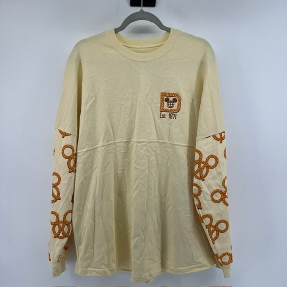 Walt Disney World Spirit Jersey Womens L Light Yellow Cotton Mickey Pretzel